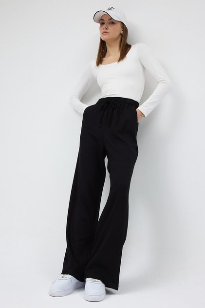 Black Elastic Waist Wide Leg Women's Sweatpants 9214m