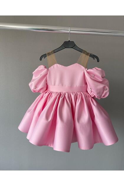 Kiss Collar Dress with Stone-Embellished Sleeves and Balloon Sleeves. Girl's Evening Dress