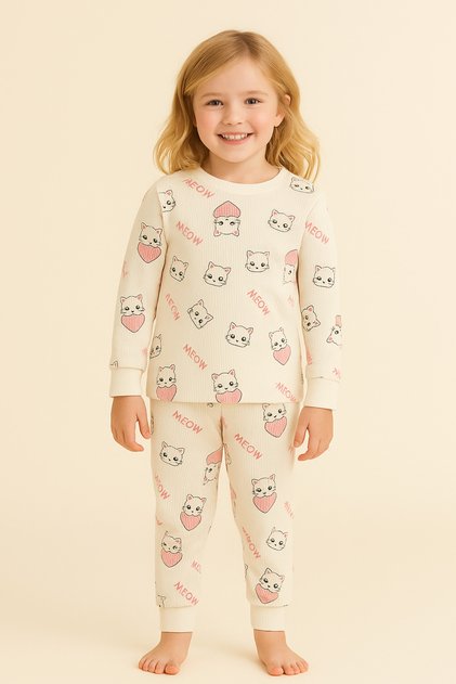 Girl's Heart Cat Patterned Pajama Set