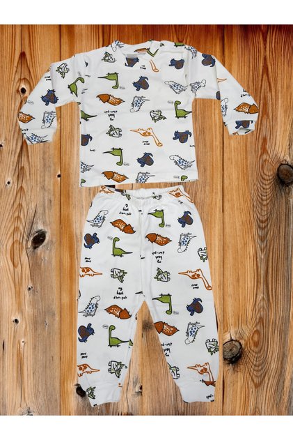 Children's Patterned Long Sleeve Pajama Set with Snap Buttons on the Shoulders