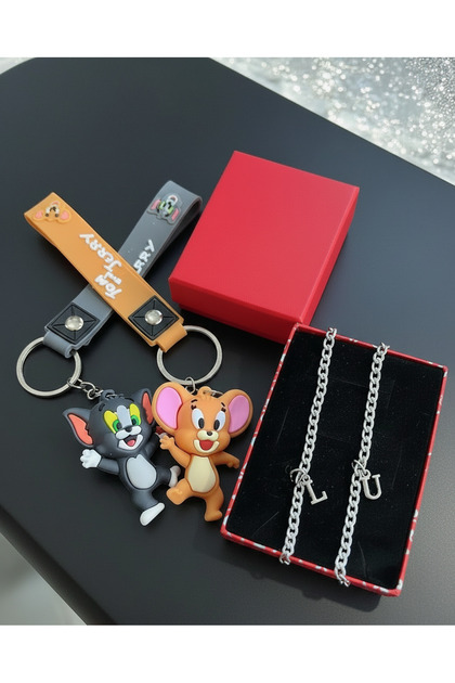 2 Adet Harfli Çelik Sevgili Bileklik Ve Tom Ve Jerry Çift Anahtarlık