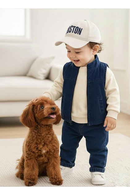 Casual Stylish Jeans for Little Boys Y Vest Set 4-Piece Set - Sweatshirt, Pants and Boston Hat