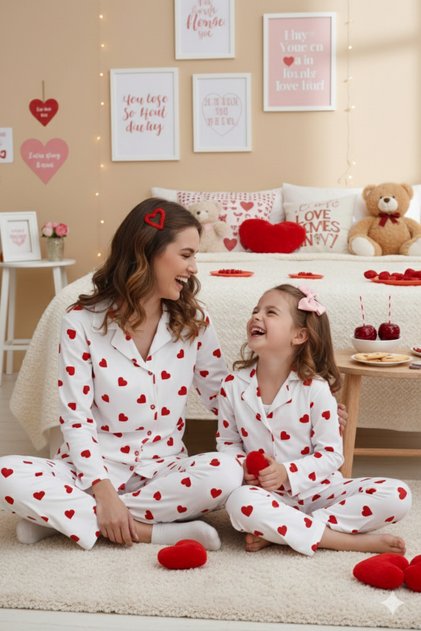 Soft Suede Textured Heart Patterned Buttoned Women's Pajama Set