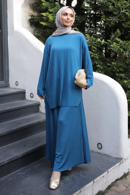 Petrol Green Pleated Sandy Tunic Pants Set