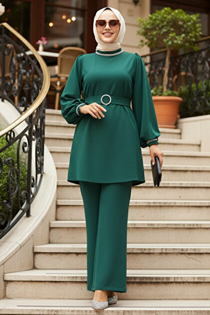 Neva Style Tokalı Kemerli Zümrüt Yeşili Tesettür İkili Takım