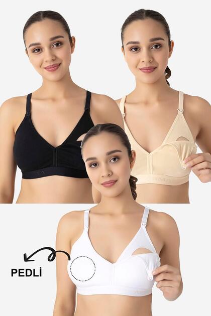 Nursing Bra with Removable Pads, Pack of 3, White, Black, Skin Color, Cotton, Does Not Show Nipples