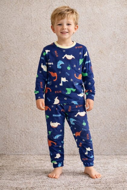 Boy's Navy Blue Dinosaur Patterned 100% Cotton Interlock Fabric Comfortable Fit Pajama Set