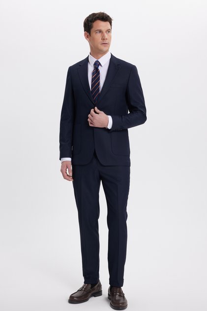 Men's regular fit navy blue monogram collar suit with belted waist and pocketed pockets