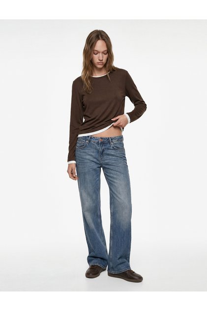 Crew Neck Piped Slim Fit Viscose Blended Long Sleeve T-Shirt