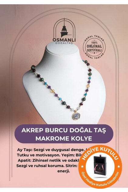 Akrep Burcu Enerjisine Özel Gerçek Doğal Taş El Yapımı Kutulu Hediyelik Sertifikalı Burç Kolyesi