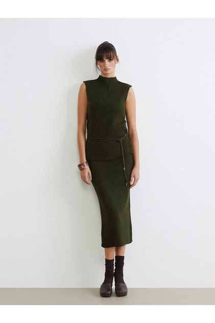 Khaki Slim Fit Slit Skirt