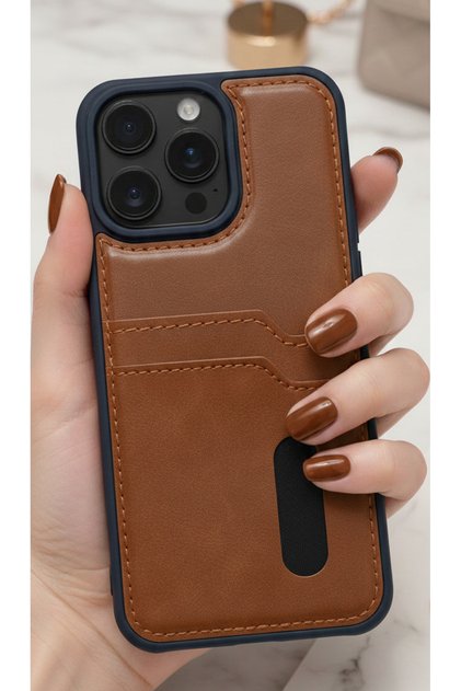 iPhone 15 Pro Max İçin Uyumlu Kılıf Kart Bölmeli Deri Tasarımlı Kılıf