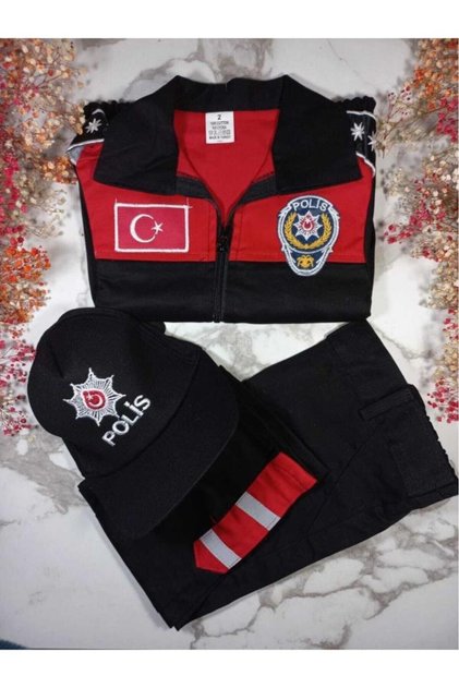 Erkek Çocuk 3 Parça Polis Kıyafeti Kostüm Siyah-Kırmızı 3 Yaş