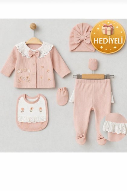 Pink 5-Piece Newborn Hospital Release Set | Lace Collar Teddy Bear Embroidered Set 0-3