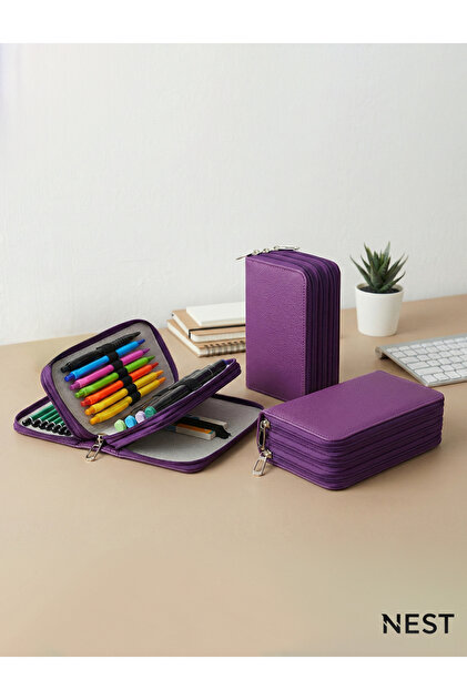 Nest Life Sunii Deri Mor 3 Fermuarlı Kalemlik, Kırtasiye Lüks