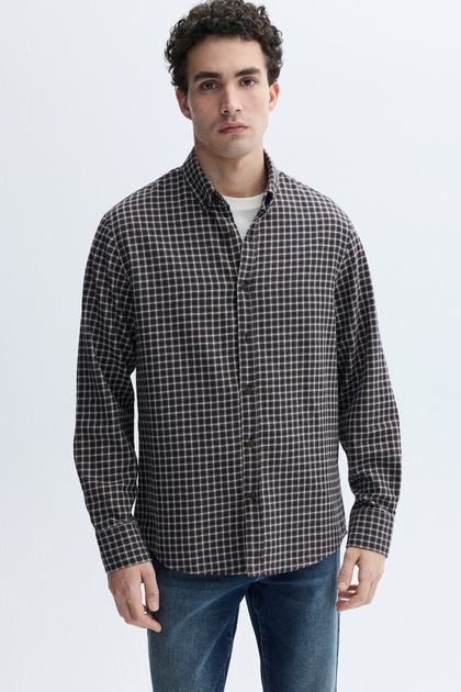Men's Brown Regular Fit Plaid Long Sleeve Shirt
