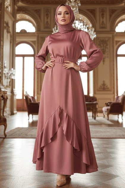 Button Detailed Dusty Rose Hijab Satin Dress 45661Gk