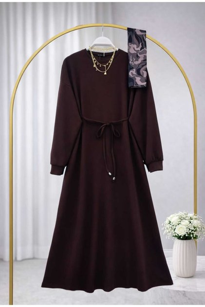 Women's Plain Dress with Cord Belt -0350 Brown