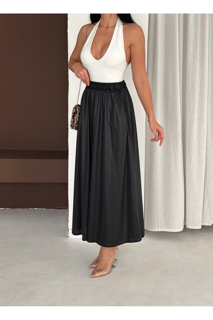Women's Leather-Like Shiny Lacquer Fabric Black Color Sequin Suitable Long Pocketed Skirt Length 95 cm