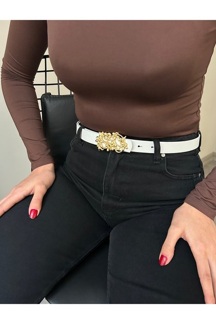 Women's Gold Daisy Patterned Buckle Belt Waist Belt Coat Belt Dress Belt Pants Belt Unisex