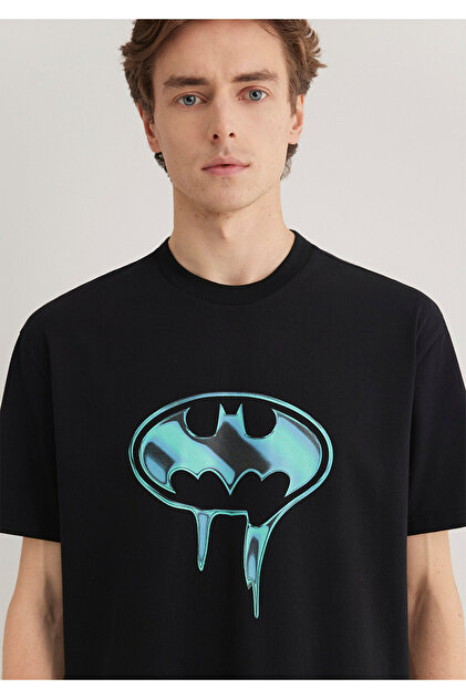 Mavi Batman Baskılı Siyah Tişört Loose Fit / Bol Rahat Kesim