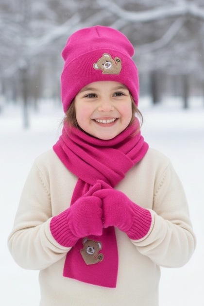 Girl's Teddy Bear Scarf-Beret-Gloves Set of 3 (3-8 Years)