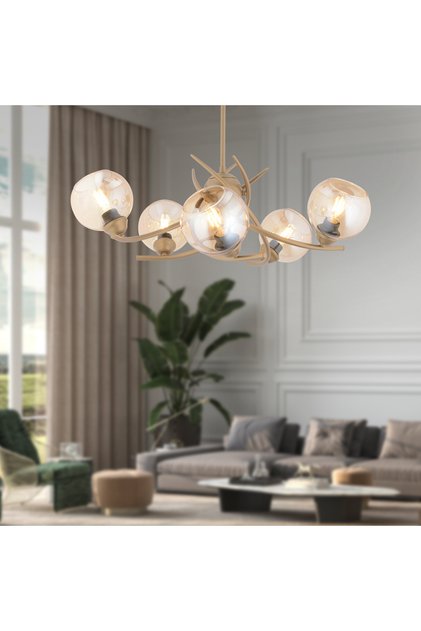 Pireal 5'li Yuvarlak Eskitme Bal Camlı Modern Oturma Odası Salon Avize