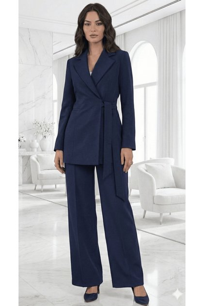 Navy Blue Tie-Detail Blazer Jacket & Wide-Leg Fabric Trousers Suit