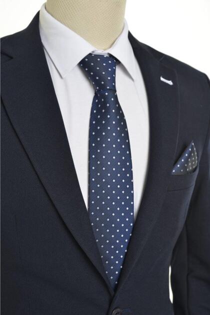 8 cm Square Pattern Navy Blue Handkerchief Tie