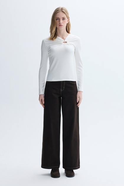 Women's Brown Wide Leg Jeans with Stitching Detail
