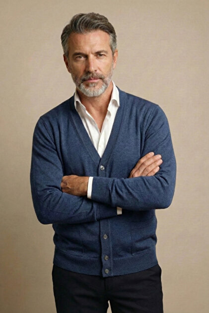 Men's Dad Indigo Buttoned Pocket Basic Knit Cardigan