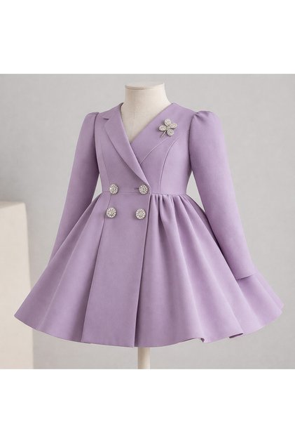 Special Design Umay Model Long Sleeve Lilac Color Girl's Evening Dress with Stone Accessories