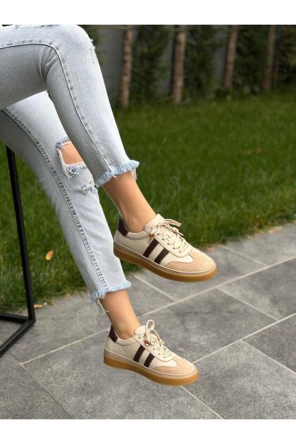 Beige Leather Lace-Up Women's Casual Sports