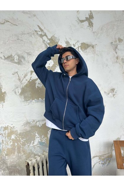 İndigo Mavisi Oversize Basic Zip Hoodie