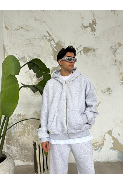 Zincirwear Gri Melanj Oversize Basic Zip Hoodie - Fiyatı, Yorumları