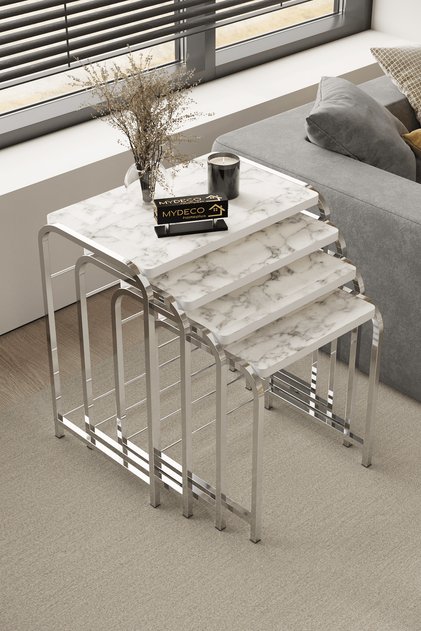 Defne 4' Silver Leg White Marble Pattern Table Zigon Coffee Table Set