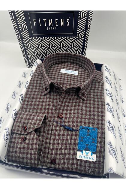 Classic long sleeve winter 100% cotton plaid collar buttoned gift boxed men's shirt fs-003127 - burgundy