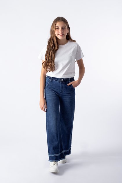 Girls' Wide-Leg Jeans with Elastic Waist, 100% Cotton Jeans with Tassels on the Legs, Ages 6-15