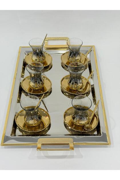 Lüks Gold Tepsili Çay Seti - Modern Çay Takımı - Tepsi ve 6 Adet Bardak - Tabak - Kaşık - 135 ml