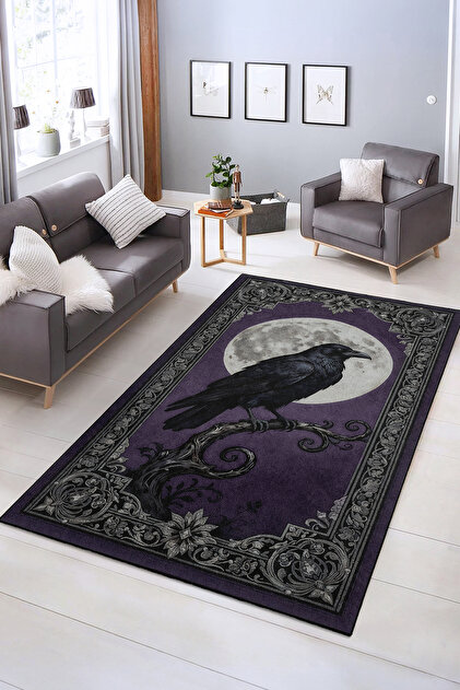 Gizemli Karga Desenli Yıkanabilir Kaymaz Taban Salon Halısı