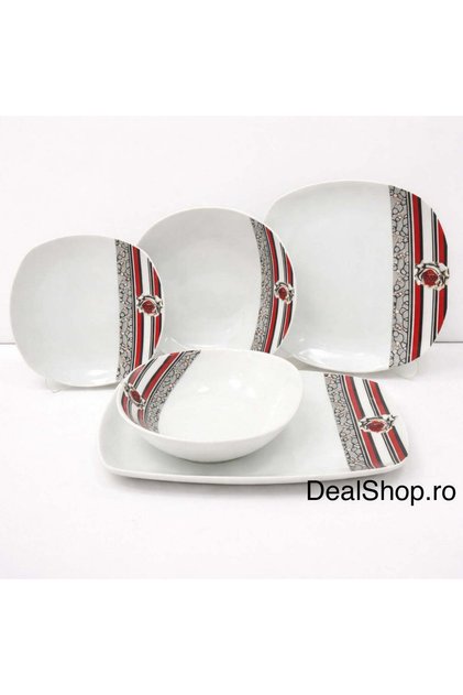 Set veselă din porțelan Elegant Line, 20 buc., pentru 6 persoane, pătrat, roșu-negru, TL173-2
