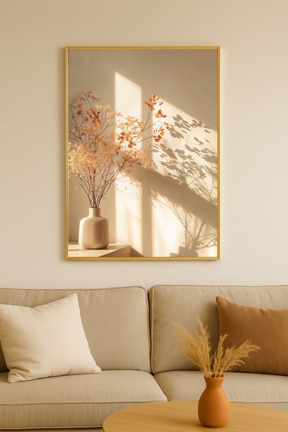 Afterlight - Gerçek Cama Baskı Gold Alüminyum Metal Çerçeveli Tekli Minimal Modern Tablo