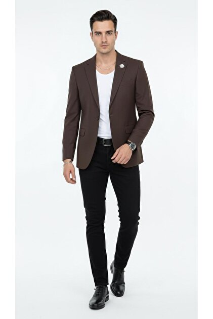 The Softmachine ALDO COAT ダークブラウン Plus Scorpion Erkek Mono Yaka Tek Düğmeli Çift Yırtmaçlı Blazer