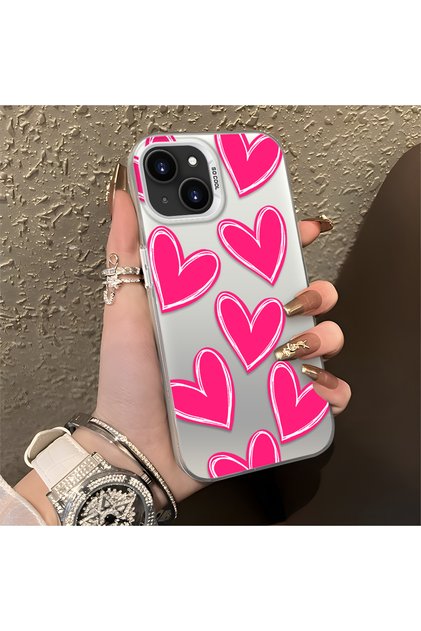 iPhone 13/14 Uyumlu Silikon Kenar Sert Arka Anti Düşme Kılıfı Kalp Desen