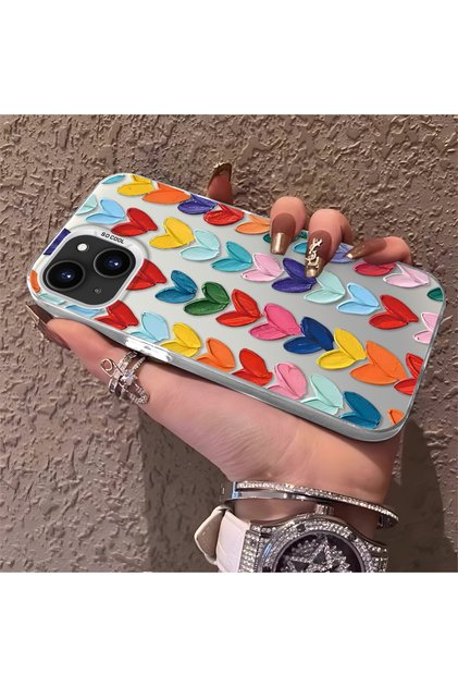 iPhone 15 Compatible Silicone Edge Hard Back Anti-Fall Case Colorful Heart