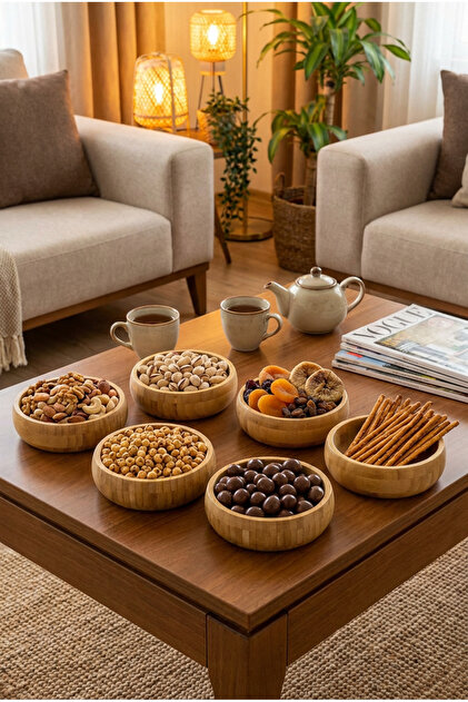 MAKRİ HOME Bambu 6'lı Çerezlik & Kuruyemiş Sunum Seti Yuvarlak