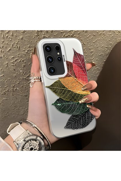 Samsung Galaxy S23 Ultra Compatible Silicone Edge Acrylic Back Colorful Leaf Protective Case