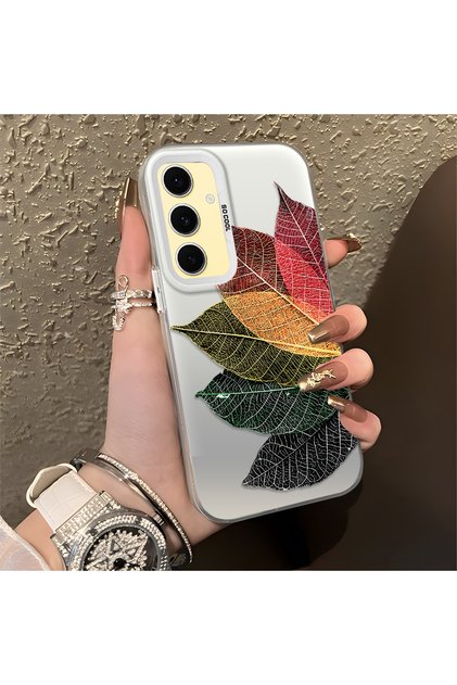 Samsung Galaxy S24 Fe Compatible Silicone Edge Acrylic Back Colorful Leaf Protective Case