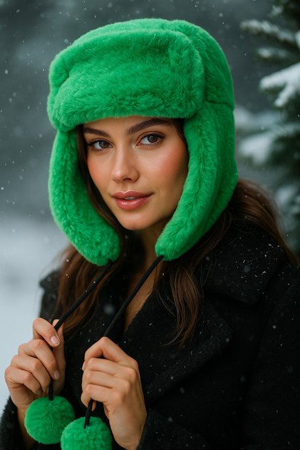 Women's Hat with Headphones and Fur Pom-Pom