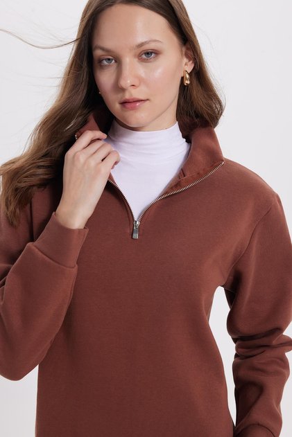 Women's Relax Fit Comfortable Cut Cotton Fleece Inside Half Zipper Brown D Mock Neck Sweatshirt